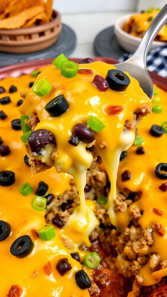 Cheesy Doritos casserole with ground beef, beans, and melted cheese, garnished with green onions and olives.